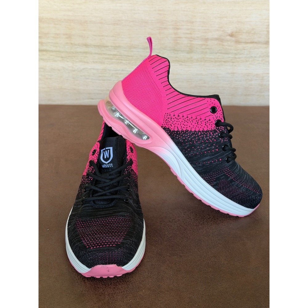 Wisstt Women Steel Toe Safety Shoes Pink Black Knit Air Cushion Work Sneakers 40
